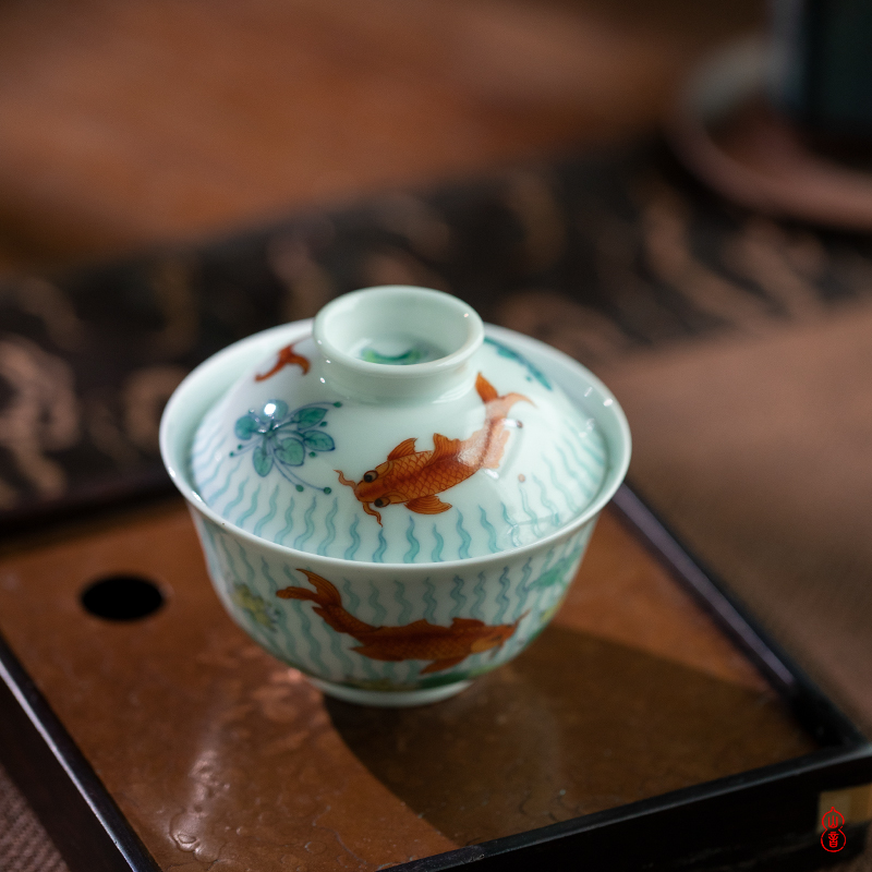 Qin Qiuyan bucket color grass fish grain tureen 160 ml of jingdezhen ceramics by hand high - end tureen