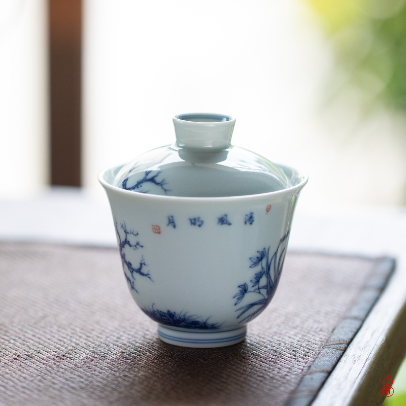 Poly real rings tureen jingdezhen blue and white two hand - made hall and flowers and birds to make tea tureen single bowl bowl