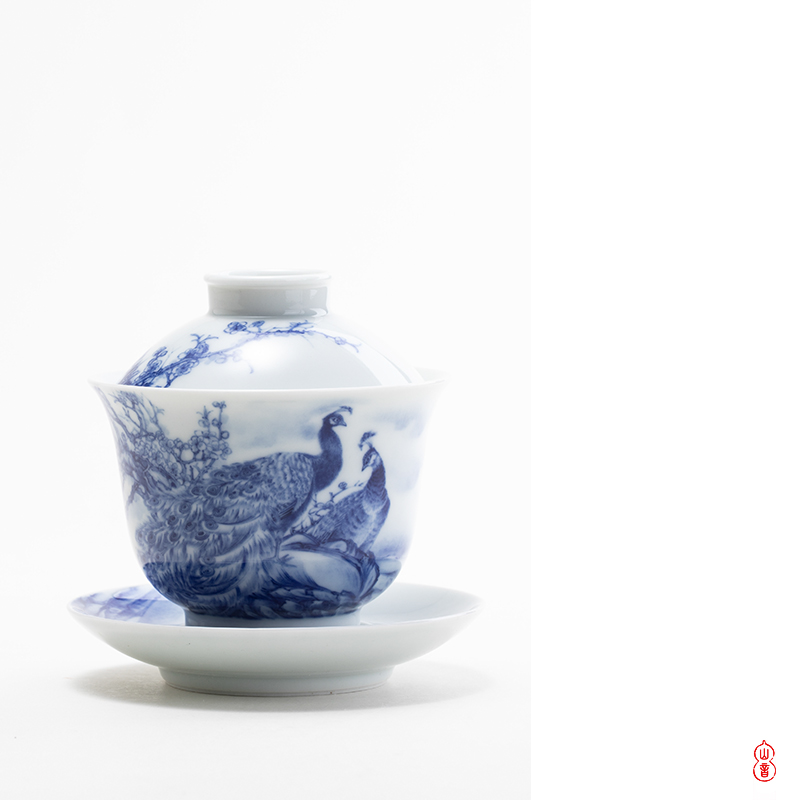 Art home benevolence jingdezhen blue and white peacock tureen checking ceramic high - end tureen tea bowl bowl