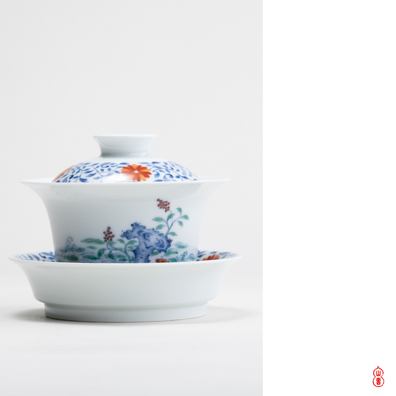 Qin Qiuyan JiTianSan bucket color blessings to high - end tea tureen jingdezhen ceramic bowl tea bowl