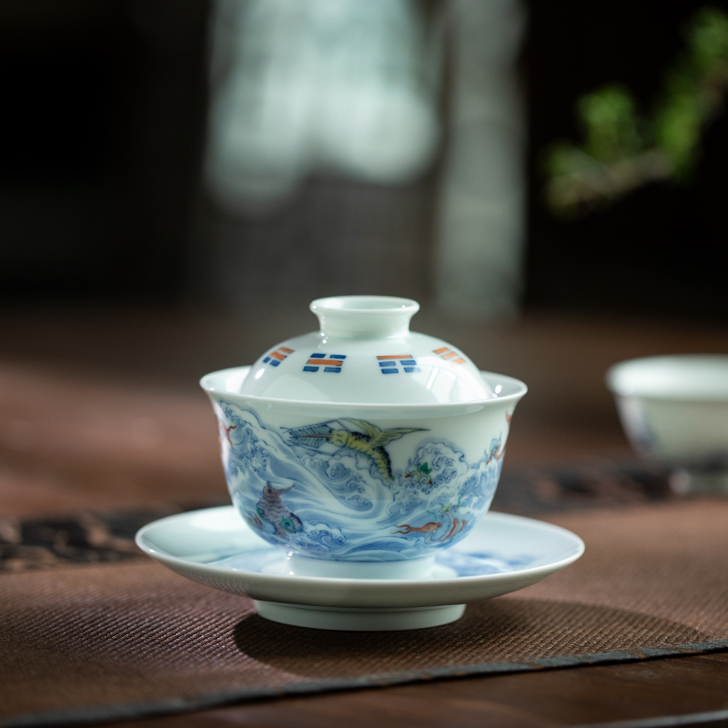 Qin Qiuyan bucket color sea monster grain tureen jingdezhen pure manual three high - end tea sets tea tureen ceramic bowl