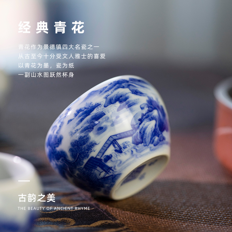 Lin Yin pines canister of jingdezhen blue and white master cup single hand - made of CPU ceramic cups kung fu tea set