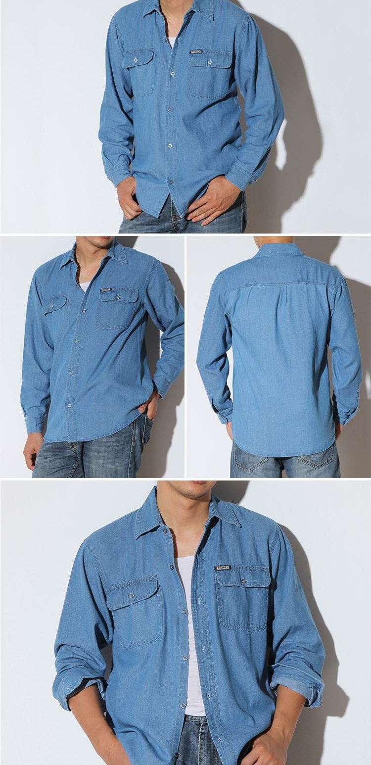 Mùa xuân và mùa thu nam áo sơ mi denim trung niên áo liền quần cộng với phân bón XL lỏng dài tay cotton màu rắn mua áo sơ mi nam