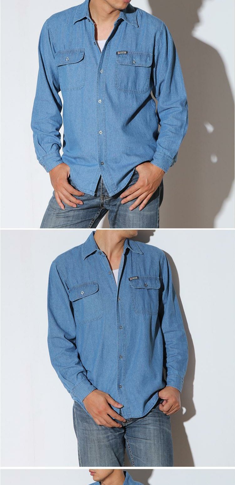 Mùa xuân và mùa thu nam áo sơ mi denim trung niên áo liền quần cộng với phân bón XL lỏng dài tay cotton màu rắn mua áo sơ mi nam