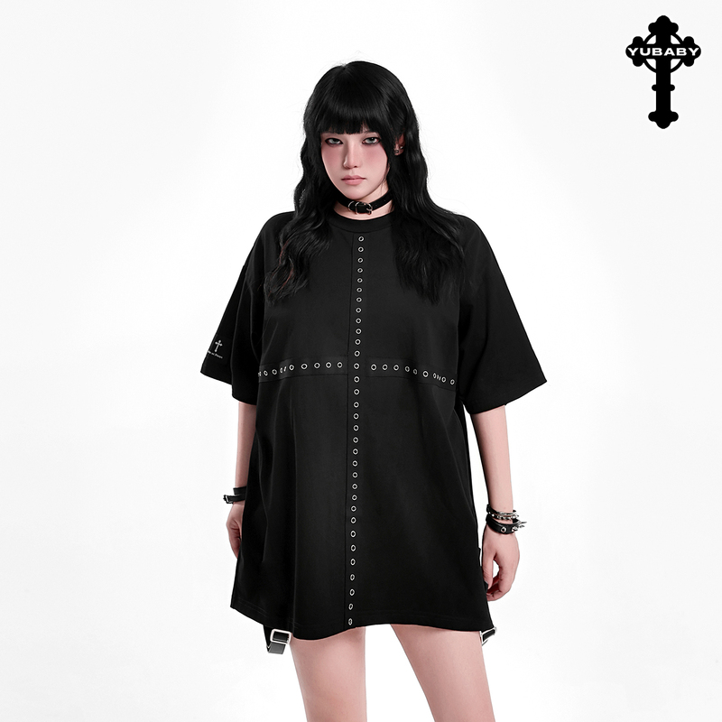 Yubaby Dark Gothic Punk Style Perforated T-Shirt, Large Short Sleeves, Loose Fit, Unique Front and Back Cross Design, Subculture