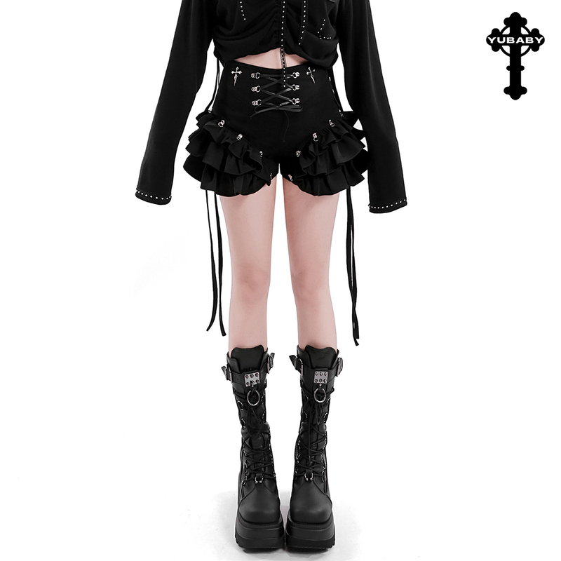 【High-Waisted Shorts with Large Lace Trim】Cross-Tied Puffy Skirt-Style Shorts, Unique Slimming Wide-Leg Denim Shorts Skirt