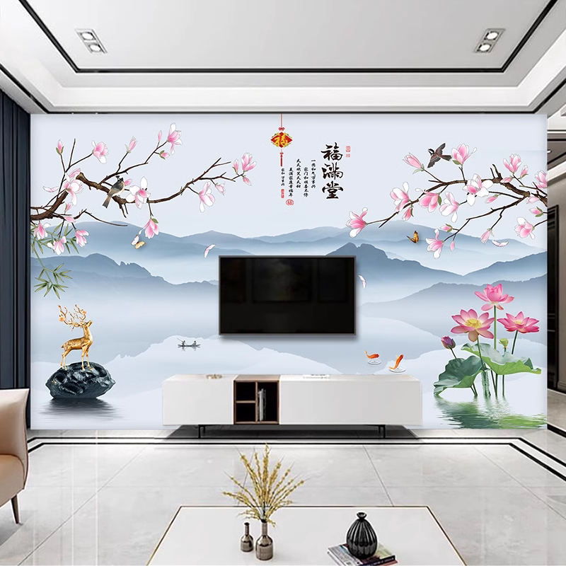 2025新中式山水画电视背景墙定制壁布！美到邻居天天来借WiFi！-无纺布墙纸-淘宝好物网