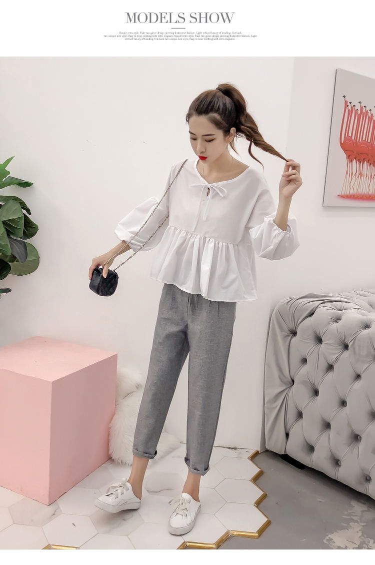 Bộ đồ bé gái tươi tắn xuân hè 2018 mới dành cho học sinh trung học Hàn Quốc áo dài tay búp bê quần âu hai dây áo sơ mi nữ cổ trụ