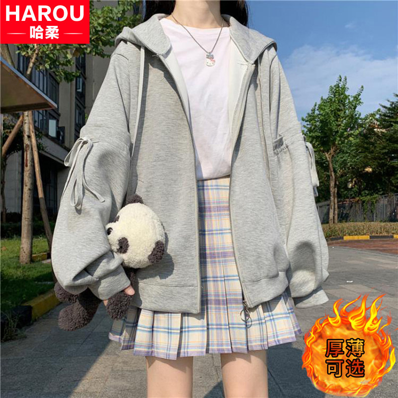 Gray plus velvet thick cotton T girl spring, autumn and winter 2022 new junior high school and high school students leisure sports JK jacket
