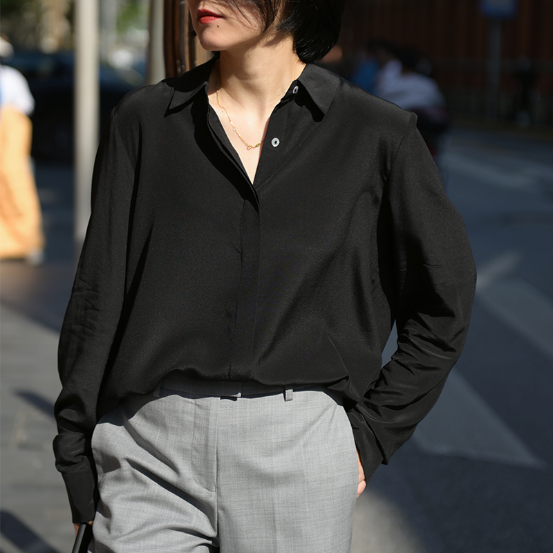 dearjoannn shirt female professional temperament double crepe high-end summer real silk long sleeve mulberry silk black shirt white