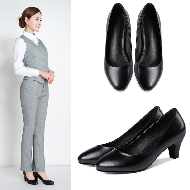 Spring New Large Size Women's Shoes Genuine Leather Thick Heel Low Heel Comfortable Round Toe Single Shoes Professional Flight Attendant Soft Sole Work Shoes Hotel