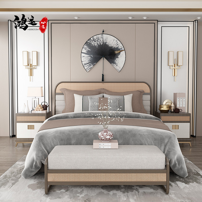 New Chinese solid wood minimalist modern double bed wedding bed main sleeper hotel clubhouse 1 8m1 5m solid wood furniture