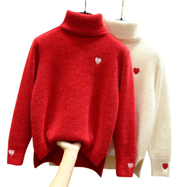 2021 New Winter Loose Turtleneck Mink Velvet Chenille Christmas Big Red New Year Sweater Women's Pullover