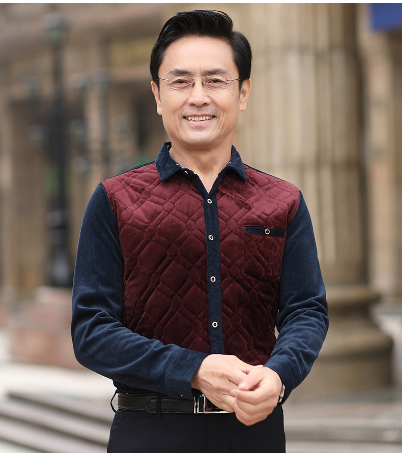 Quần áo thu đông 2018 mới bố mặc áo ấm trung niên nam trung niên cộng áo sơ mi nhung dài tay cộng áo cotton áo sơ mi xanh