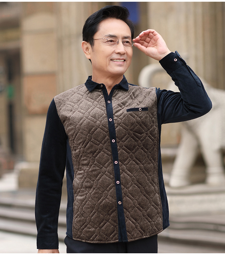 Quần áo thu đông 2018 mới bố mặc áo ấm trung niên nam trung niên cộng áo sơ mi nhung dài tay cộng áo cotton áo sơ mi xanh