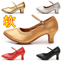 Womens modern dance shoes Adult Latin National standard ballroom dance shoes Soft-soled high-heeled Xinjiang bullfighting dance shoes gold and silver