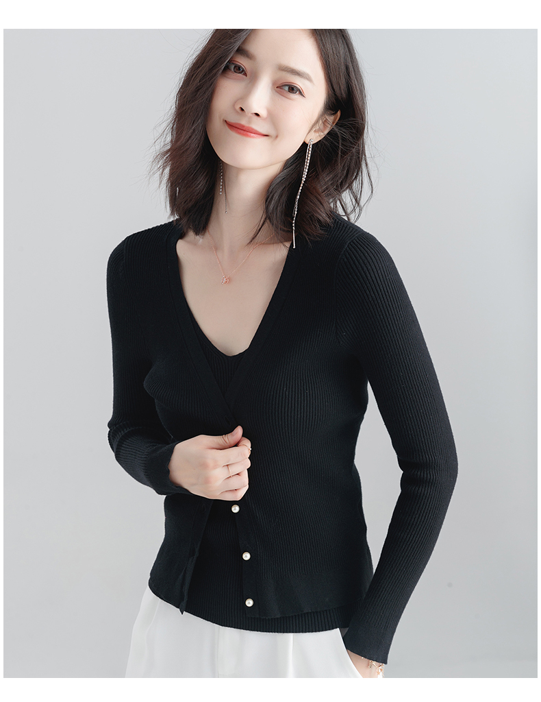 Áo len lụa nịt len ​​nữ ngọc trai khóa cổ chữ V mỏng áo len mỏng bên ngoài áo khoác vest hai mảnh phù hợp với thủy triều - Cardigan áo len form rộng