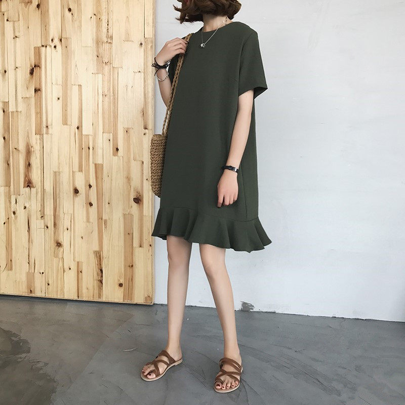 Large size women's fishtail skirt 200kg fat sister mm loose thin Belly Belly short sleeve T-shirt ruffle dress