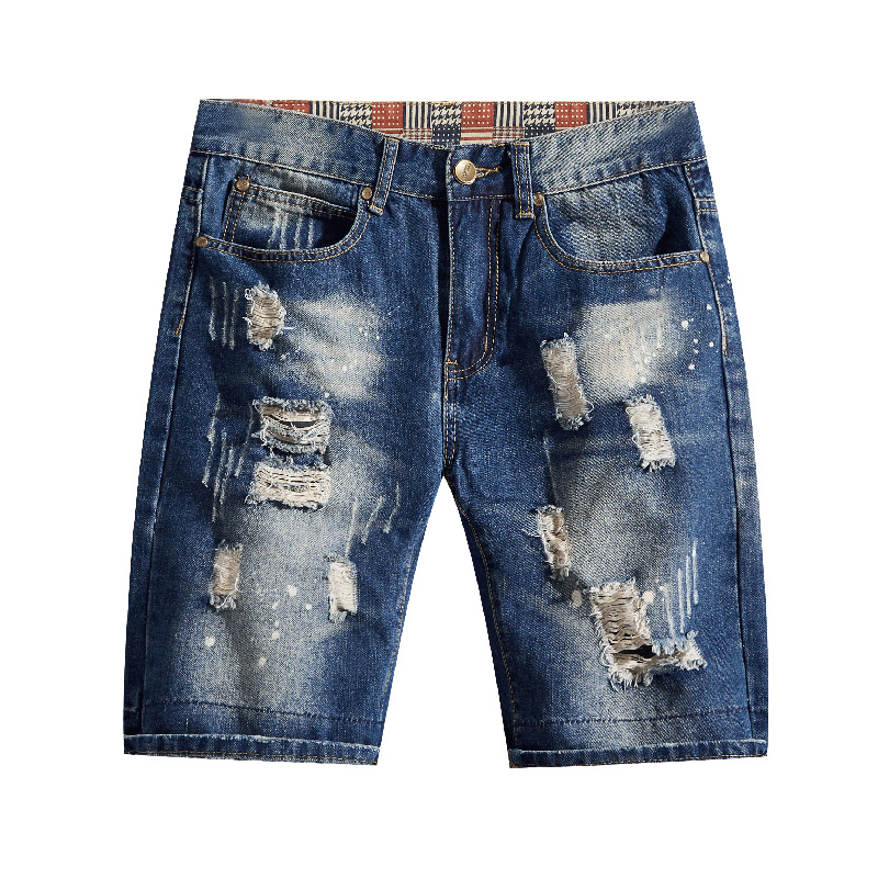 Summer lỗ màu xanh quần short denim nam thẳng thẻ đường xu hướng bf lỏng Hồng Kông gió đường phố giản dị mỏng giữa quần.