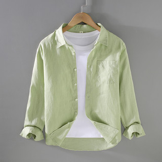 Linen Shirt for Men, Long-Sleeved, Early Autumn New Style, Lapel, Casual Outerwear, Men's Light Green, Stylish, Light Luxury Shirt