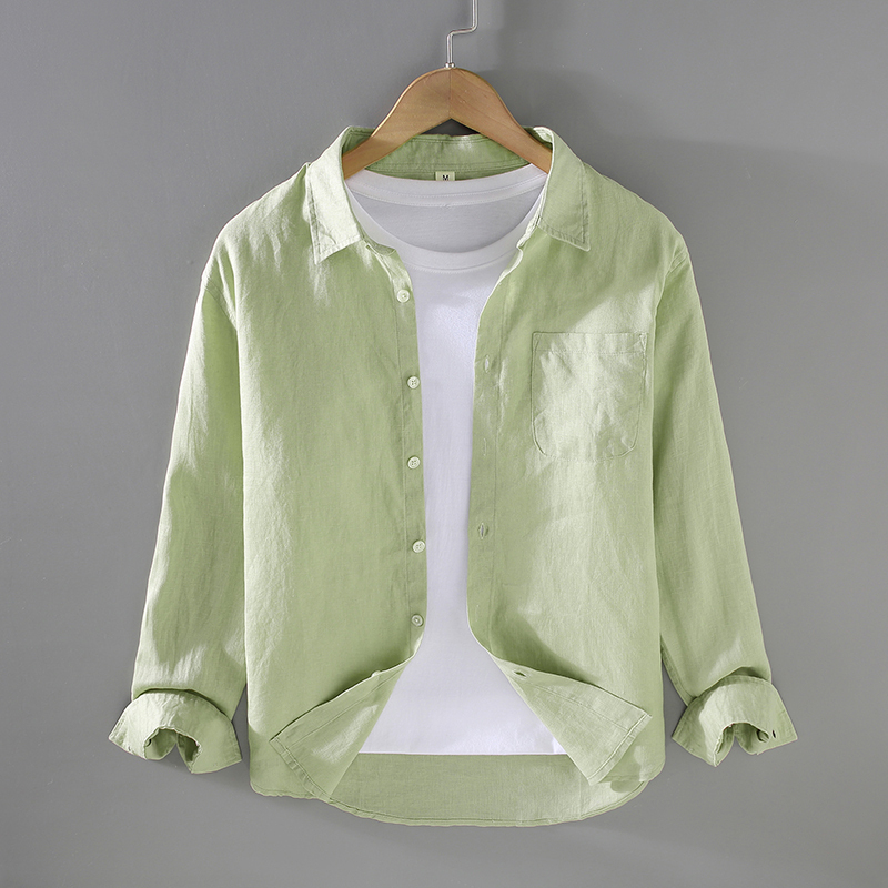 Linen Shirt for Men, Long-Sleeved, Early Autumn New Style, Lapel, Casual Outerwear, Men's Light Green, Stylish, Light Luxury Shirt Linen Shirt for Men, Long-Sleeved, Early Autumn New Style, Lapel, Casual Outerwear, Men's Light Green, Stylish, Light Luxury Shirt