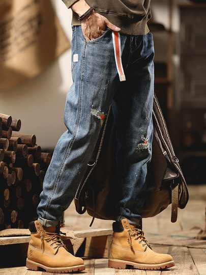 American retro workwear jeans for men in autumn straight ripped holes handsome heavyweight large size high street distressed wide leg pants