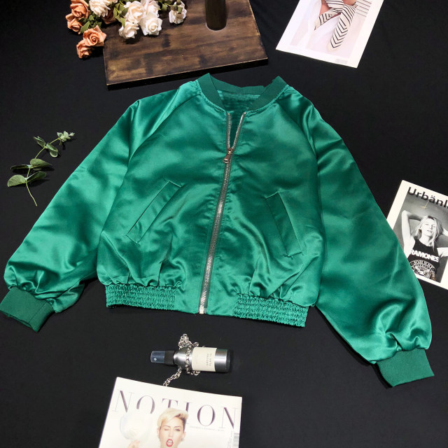 CCA self-made fashion blogger's same style back letter embroidered satin baseball uniform glossy flight jacket for women