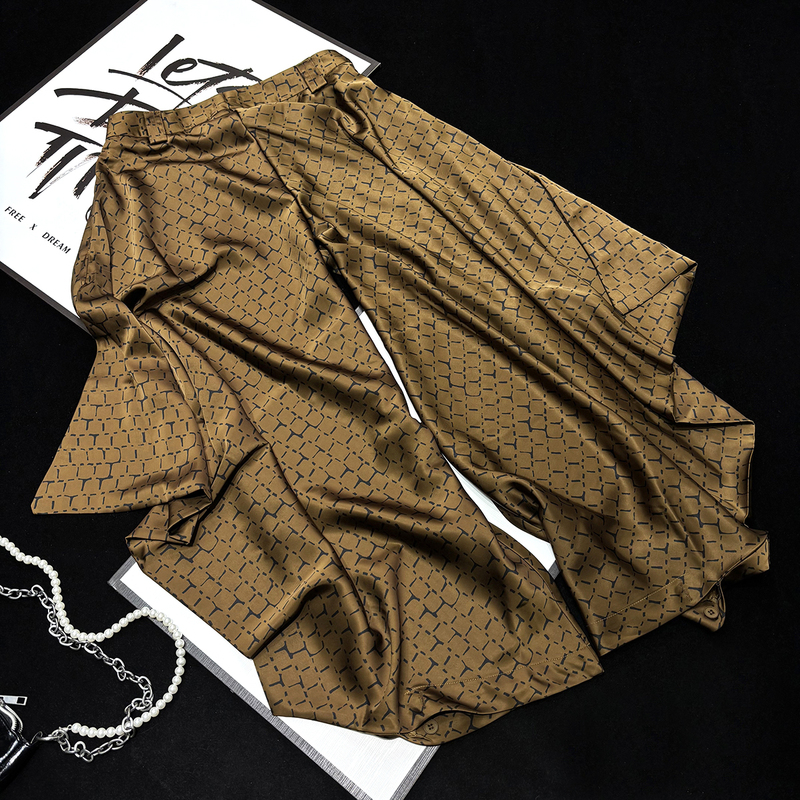 Cca Custom-Made Vintage Resort-Style Satin Wide-Leg Pants with Printed Pleats, Shiny Wide-Leg Loose Pants, Flowy Plaid Pants