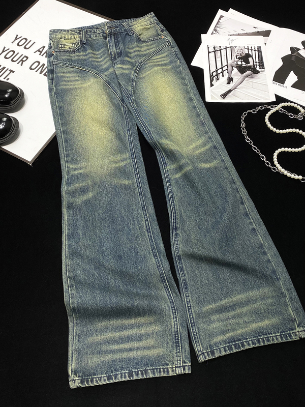 Cca LAOSHU Patchwork Low-Rise Vintage Slim-Fit Washed Denim Jeans Distressed Floor-Length Flared Denim Pants Bell-Bottoms