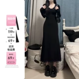 Атмосферное черное кружевное платье, длинная юбка, V-образный вырез, крой «рыбий хвост»