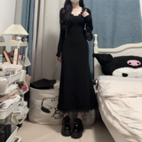 Атмосферное черное кружевное платье, длинная юбка, V-образный вырез, крой «рыбий хвост»