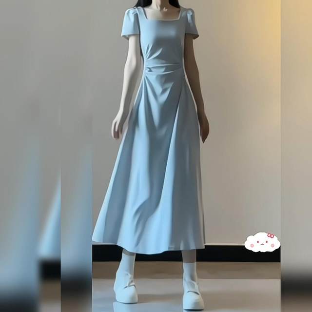 French seaside vacation blue dress women's summer 2023 new drape waist and thin square collar long skirt