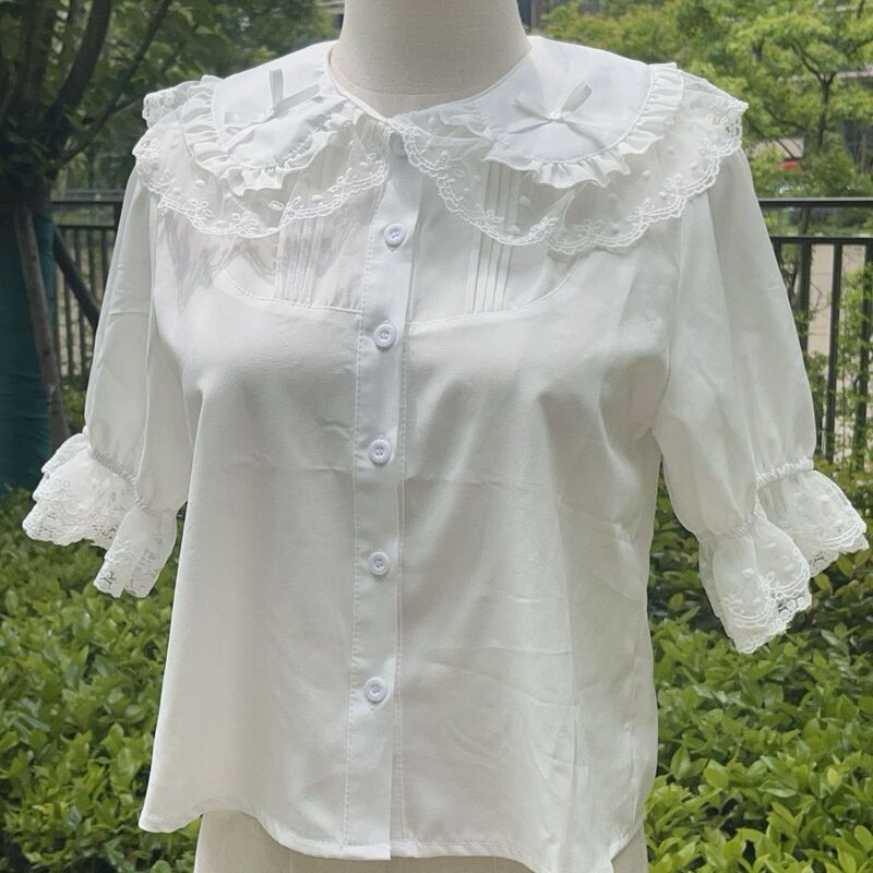 Sweet and Fresh Lolita Short-Sleeved Doll Collar Top, Versatile Summer Lace Shirt