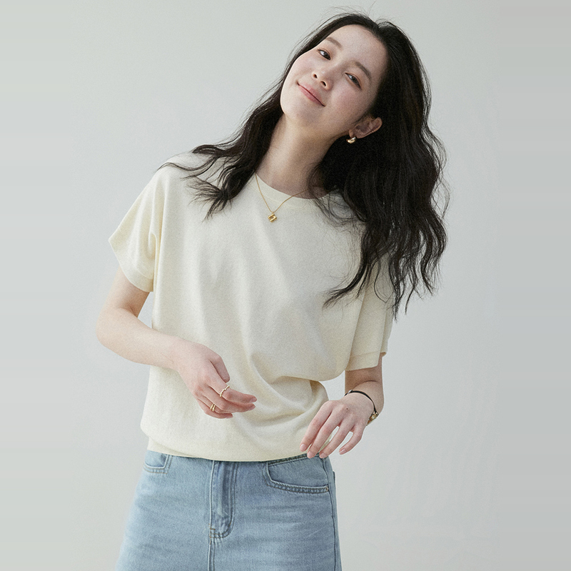 「Mustard Pie Vooe」Korean Style Round Neck Loose Batwing Sleeve Knit Top for Women, New Summer Solid Color Casual Top