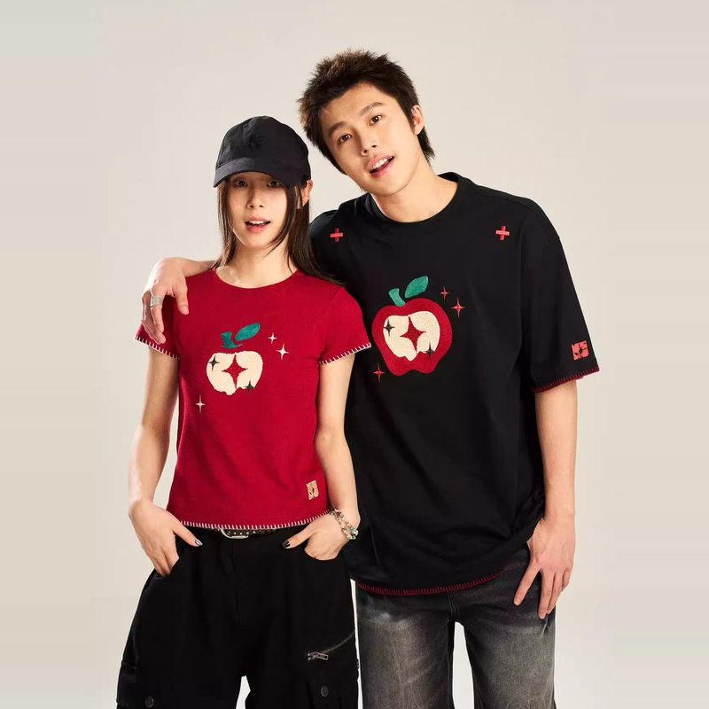 Nstnew Start Germination Project "Colorful Apple" Embroidered Regular Shoulder Slim Fit Versatile Women's Summer Short Sleeve T-Shirt
