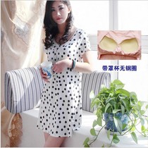 With chest pad bra half sleeve no-wear bra Modal nightgown Cup one-piece pregnant womens home clothing nightgown