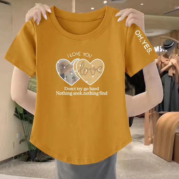 2025 Summer Fashion New Pure Cotton Short-Sleeve T-Shirt for Women, Plus Size, Loose Fit, Covers the Body, Curved Hem, Slimming, Trendy T-Shirt