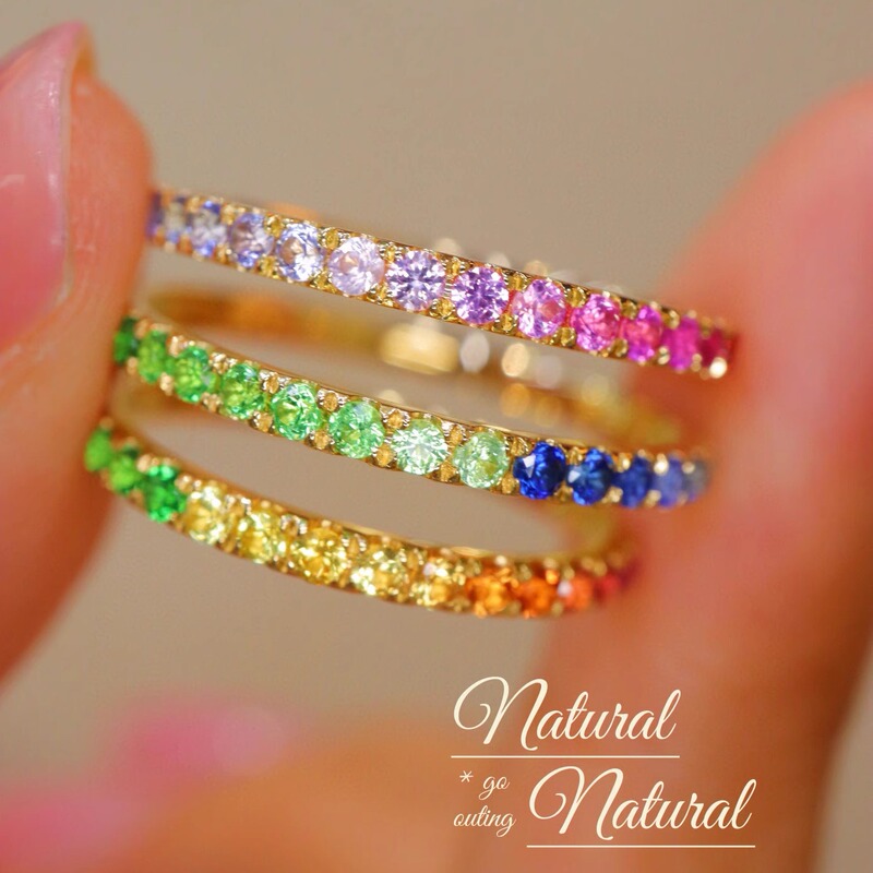 Rainbow Wish 18K Gold Full Circle Diamond Ring for Women with Natural Gradient Pink Sapphire Gemstone Stacking Ring