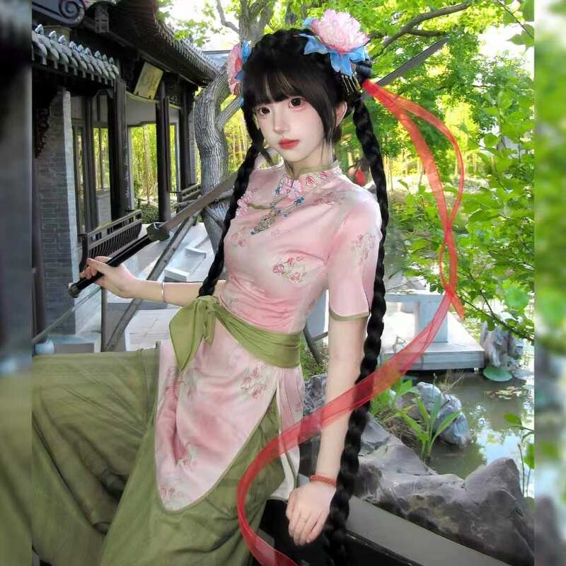 Original Chinese-Style Cheongsam Lantern Pants Set for Women, Cute Martial Arts Style, Slimming Spring/Summer Outfit