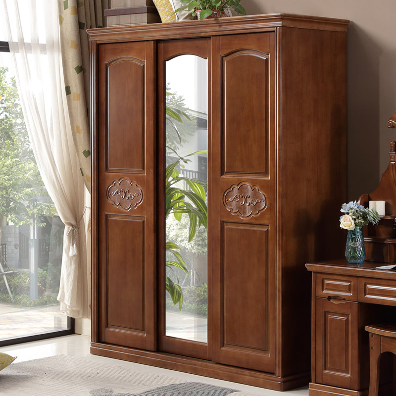 Solid wood sliding door wardrobe sliding door with mirror new Chinese master bedroom assembly wardrobe bedroom three sliding door large wardrobe