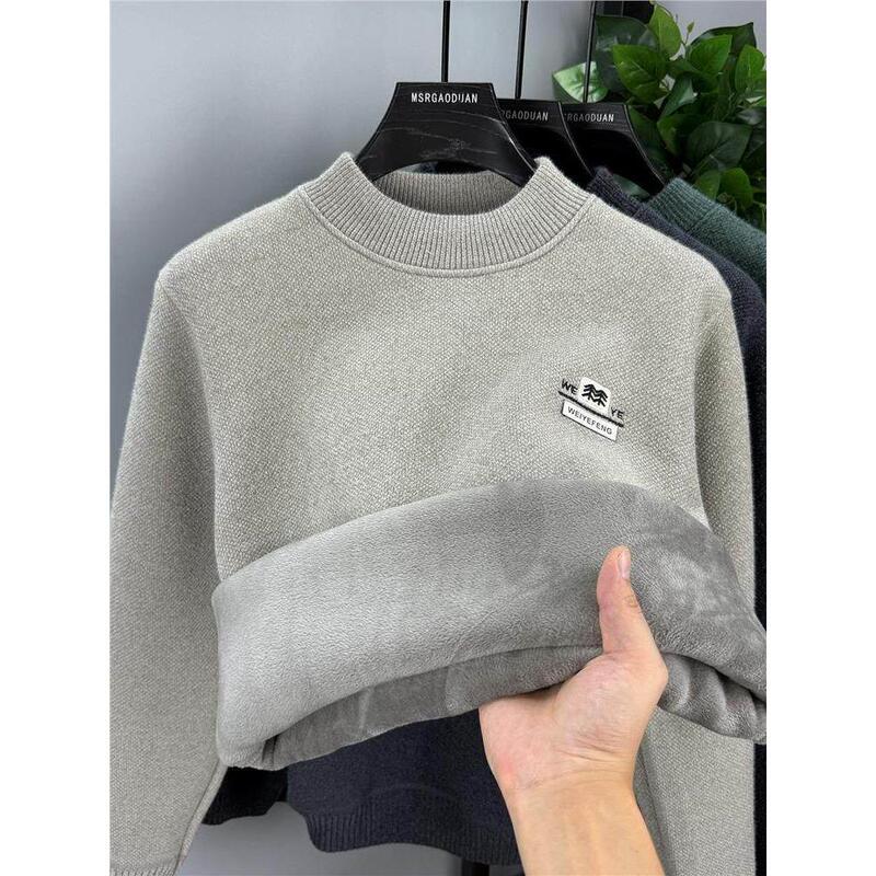 Woodpecker Men's Half-Turtleneck Sweater, Thickened and Fleece-Lined, Warm Chenille Integrated Fleece Knit Pullover Base Shirt