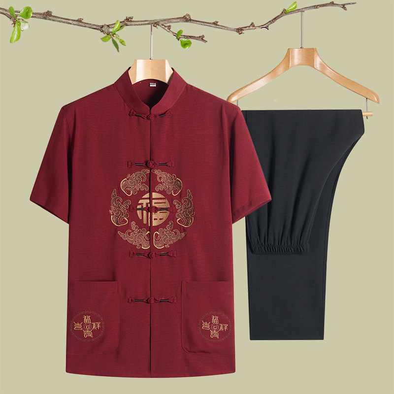 Chinese wind and tape men summer thin sleeve suit old cotton grandpa clothebirthday Han clothes