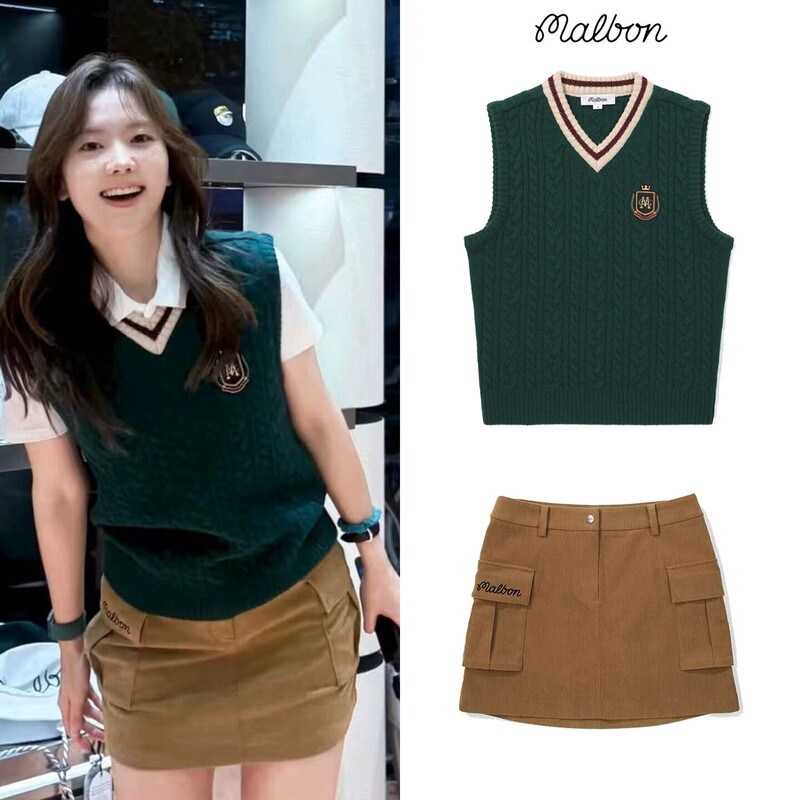 Korean Malbon Golf Academy Style V-Neck Knitted Vest for Women Green Badge Layered Vest Suit Short Skirt