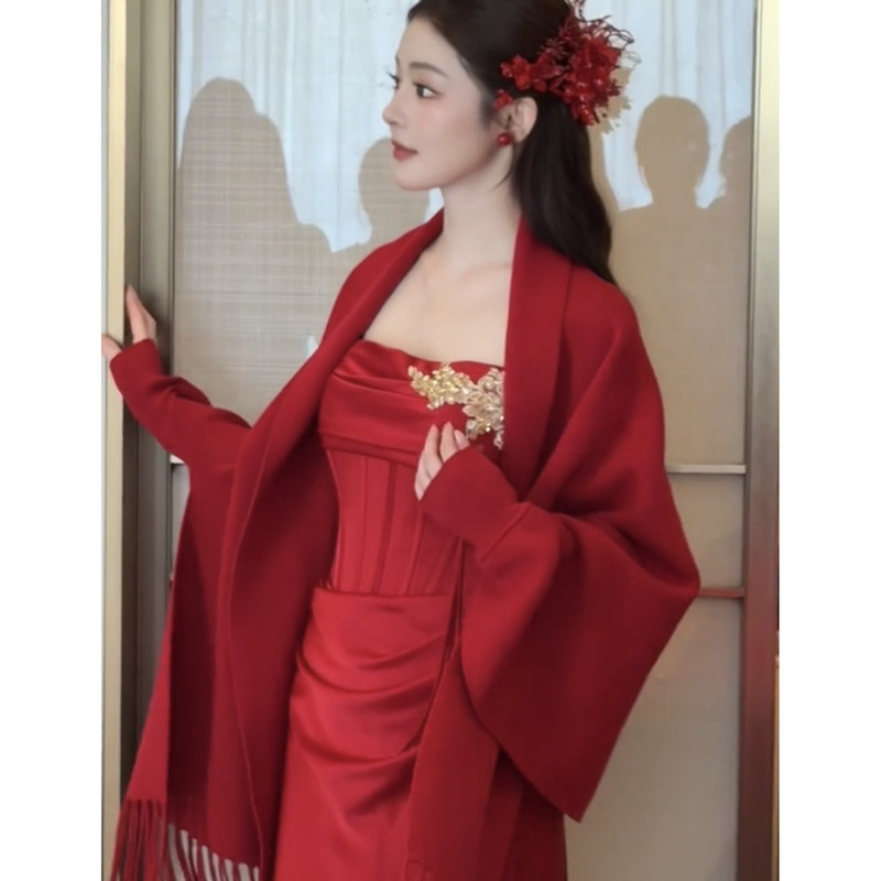 Red Bridal Shawl 2026 New Style Engagement Wedding Knitted Woolen Gorgeous Cape Coat for Going Out Autumn and Winter Cape Red Bridal Shawl 2026 New Style Engagement Wedding Knitted Woolen Gorgeous Cape Coat for Going Out Autumn and Winter Cape