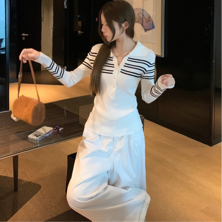 Color-Blocked Striped Knit Long-Sleeve Base Shirt for Women, 2025 Autumn New Style, Half-Open Collar, Long-Sleeve, High-End Feel Top
