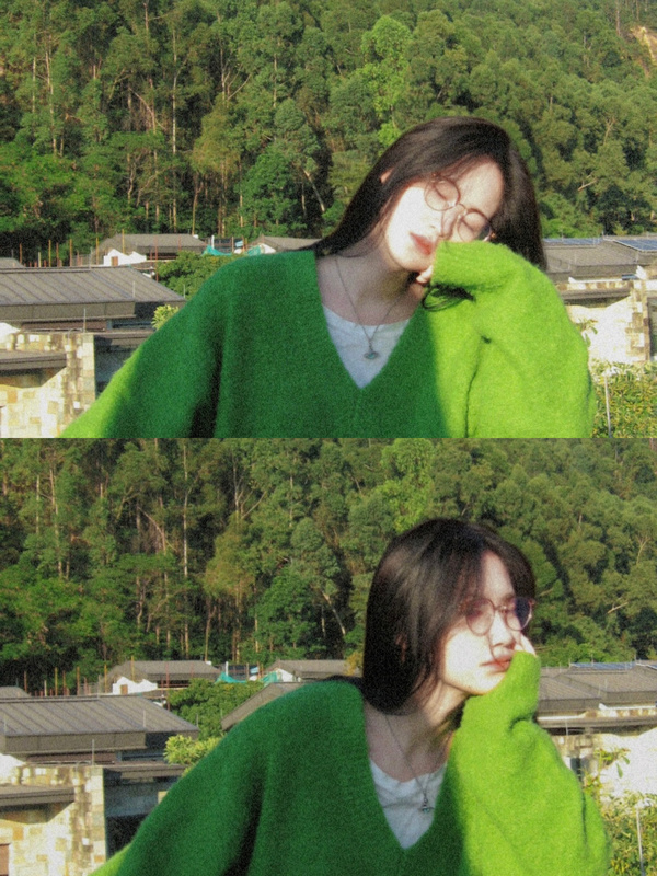 High-End Lazy Style Avocado Green V-Neck Sweater for Women in Autumn and Winter, Soft and Loose Mid-Length Knitted Top