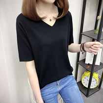 Knitted t-shirt female spring and summer ice silk short sleeve Korean version simple round collar short section loose pure color blouse half sleeve undershirt