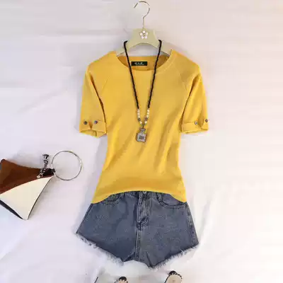 Summer New Knitted Solid Color Round Collar Thin Short Sleeve T-shirt Women Ice Silk Half Sleeve base shirt Women Top Tide