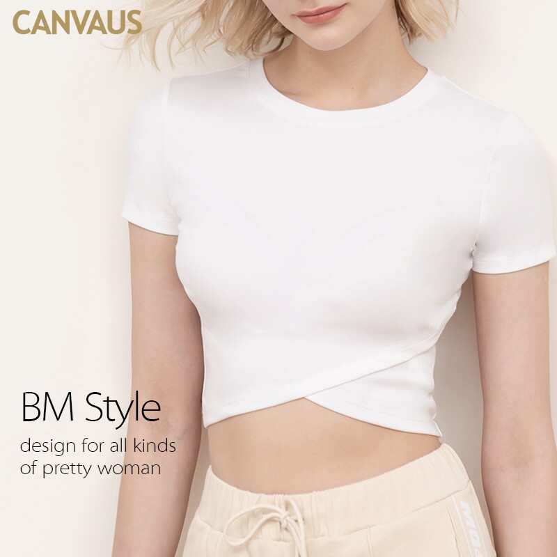 CANVAUS Summer round neckline irregular short sleeve foreign T-shirt female white short tight fit Ride Boarder Blouse Blouse