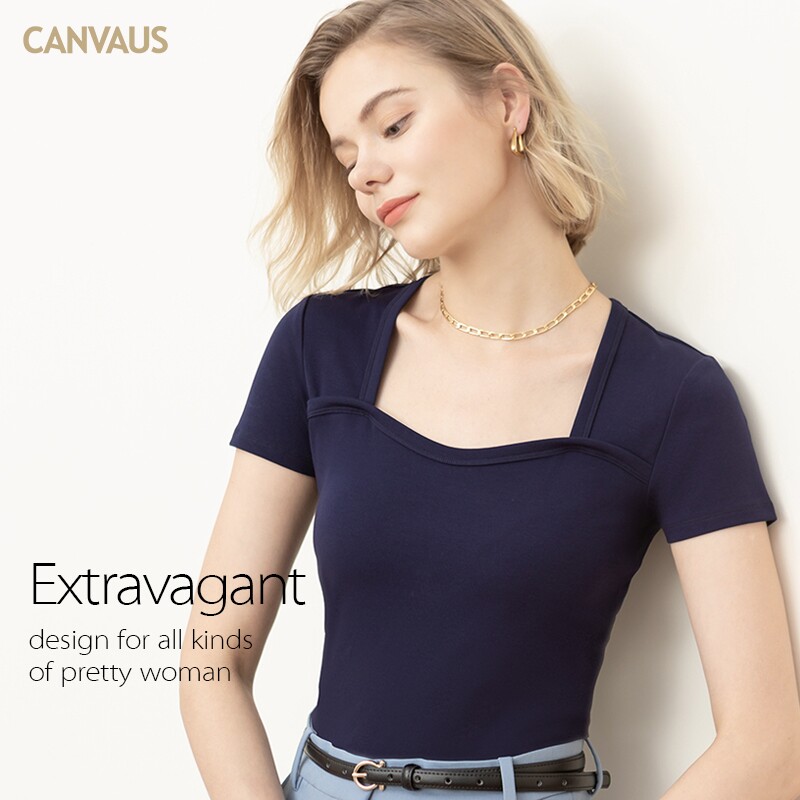 CANVAUS pure color threaded short sleeve square collar T-shirt female Korean version Short-style lock bones 100 hitch cotton quality undershirt summer